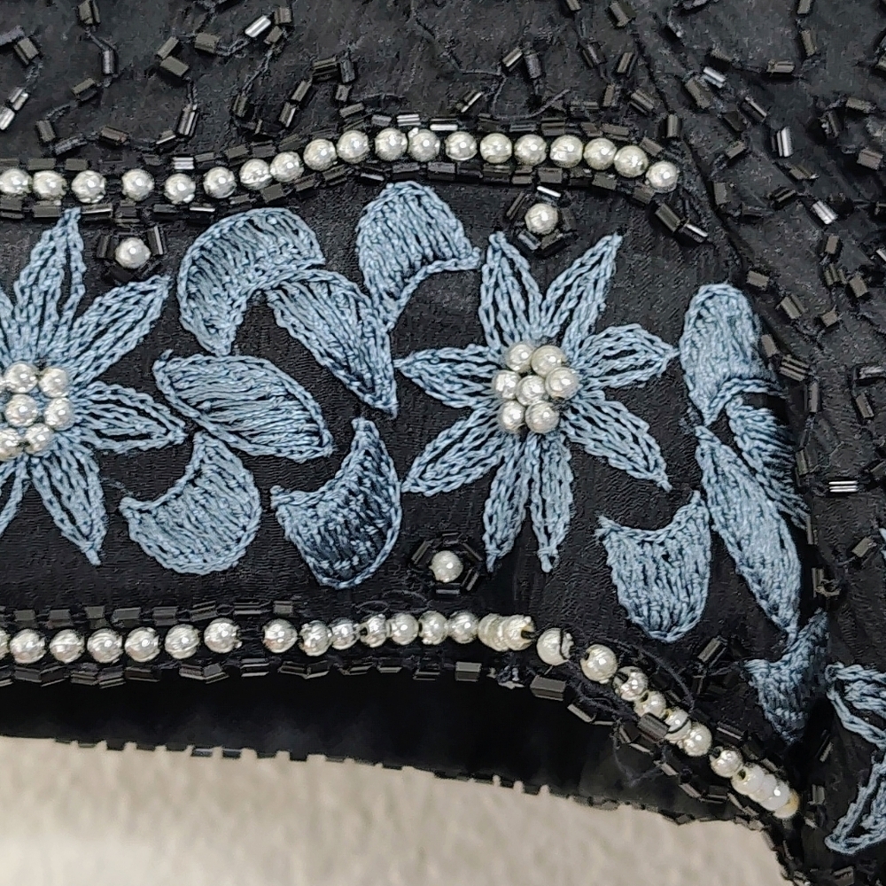 Vintage Papell Boutique Evening Top Womens Small Black Blue Floral Silk Beaded - Picture 5 of 14